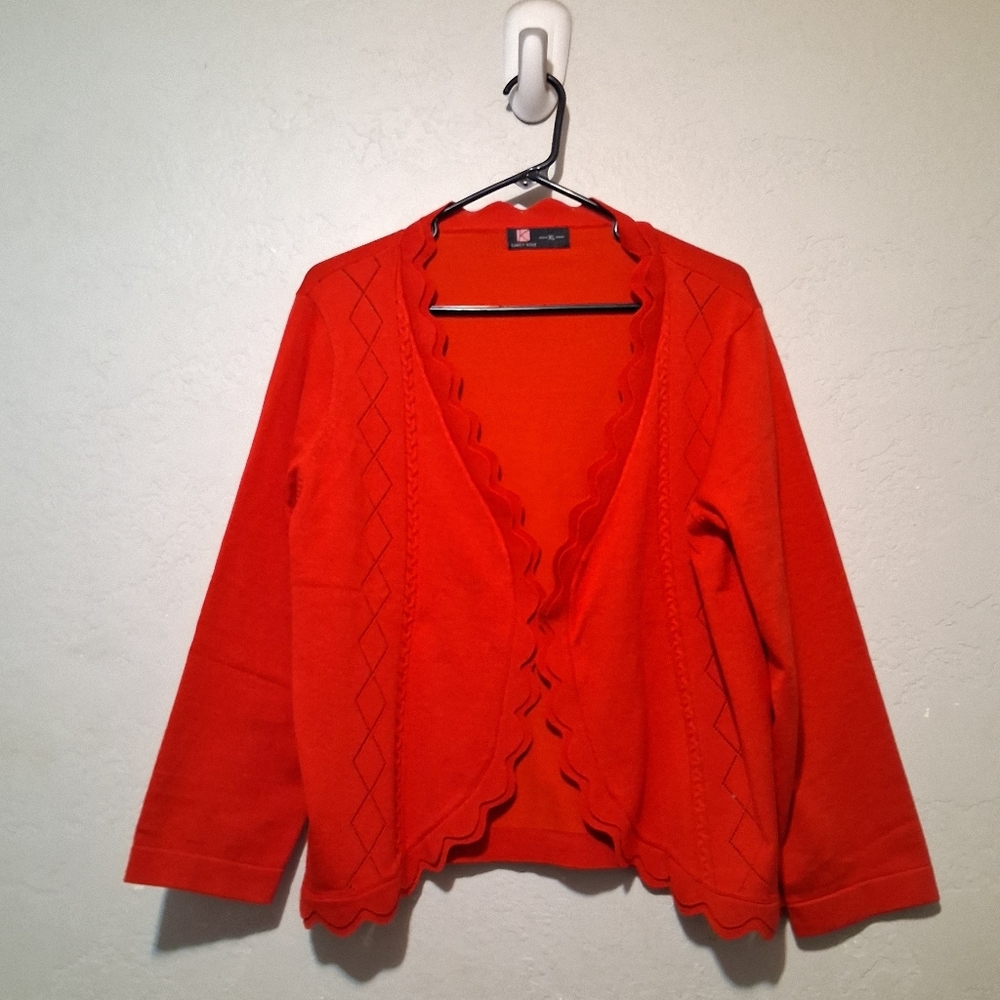 Kancy Kole Open Front Scalloped Trim Cardigan Sweater Red SzXL Knit Valentines